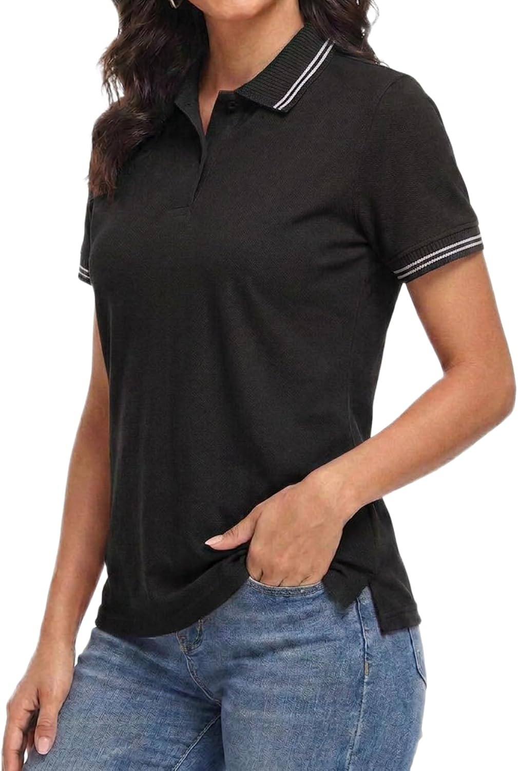 image:imageDecrum Womens Polo Shirts Short Sleeve Casual Office Fashion Collared TeesBlack  Womens Single Color Tipping Polo Short Sleeve