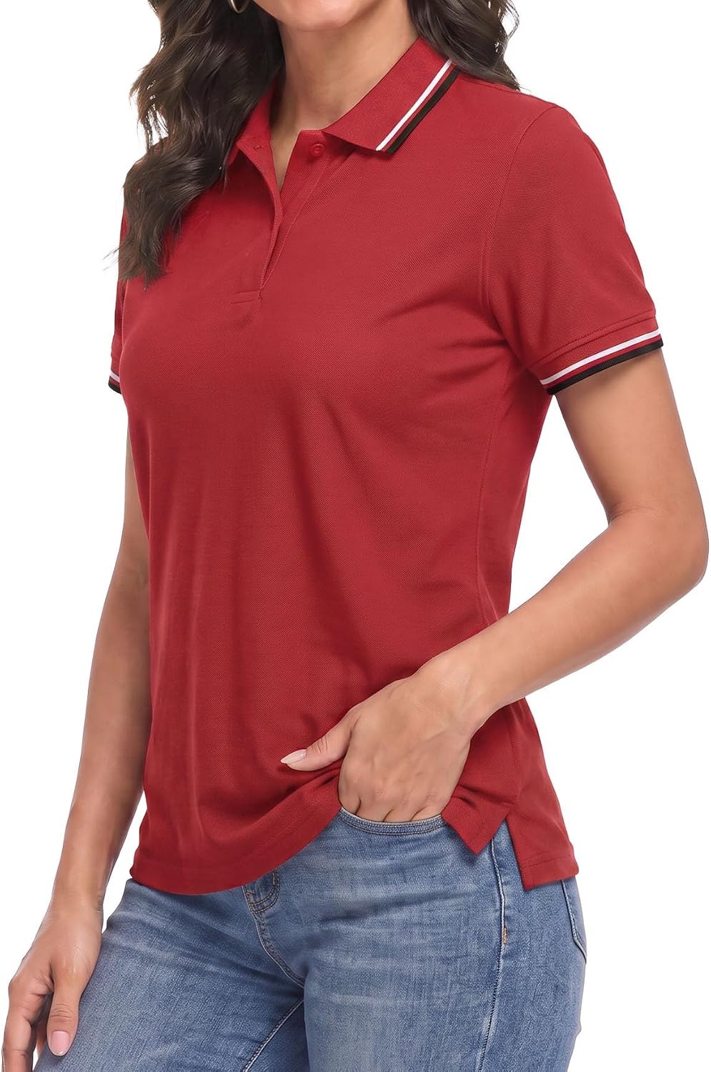 image:imageDecrum Womens Polo Shirts Short Sleeve Casual Office Fashion Collared TeesRed  Womens Dual Color Tipping Polo Short Sleeve