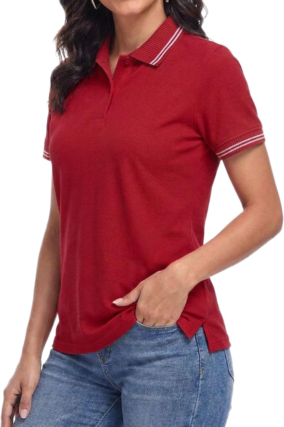 image:imageDecrum Womens Polo Shirts Short Sleeve Casual Office Fashion Collared TeesRed  Womens Single Color Tipping Polo Short Sleeve
