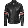 image:imageReal Lambskin Cafe Racer Leather Jacket Men Biker Style Stripes SleevesBlack