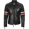 image:imageReal Lambskin Cafe Racer Leather Jacket Men Biker Style Stripes SleevesBlack