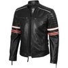 image:imageReal Lambskin Cafe Racer Leather Jacket Men Biker Style Stripes SleevesBlack