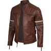 image:imageReal Lambskin Cafe Racer Leather Jacket Men Biker Style Stripes SleevesCognac Wax