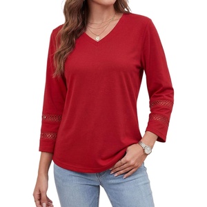 image:image34 Length Lace Sleeve Tops for Women  Casual Womens Crew Neck T ShirtsRed