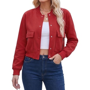 image:imageCropped Bomber Jacket Women  Casual Crop Fleece Womens Varsity JacketsRed