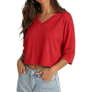 image:imageDecrum Cropped Shirts for Women  34 Length Sleeve V Neck Tops amp TeesRed