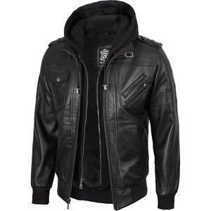 image:imageDecrum Detachable Hood Real Lambskin Leather Bomber Jacket MenBlack