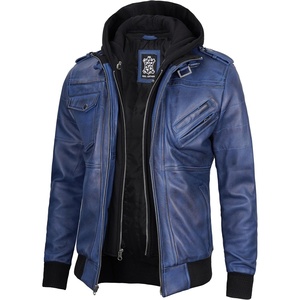 image:imageDecrum Detachable Hood Real Lambskin Leather Bomber Jacket MenBlue