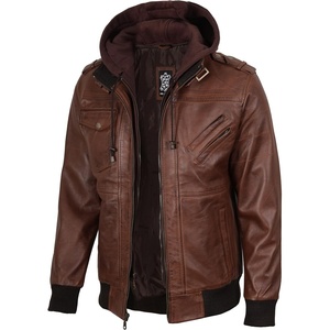 image:imageDecrum Detachable Hood Real Lambskin Leather Bomber Jacket MenBrown
