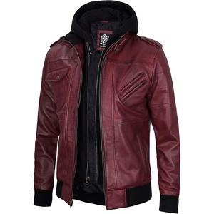 image:imageDecrum Detachable Hood Real Lambskin Leather Bomber Jacket MenBurgundy