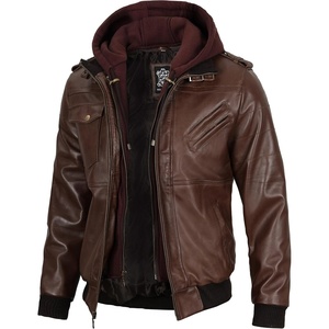 image:imageDecrum Detachable Hood Real Lambskin Leather Bomber Jacket MenDark Brown
