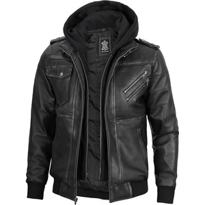 image:imageDecrum Detachable Hood Real Lambskin Leather Bomber Jacket MenGrey