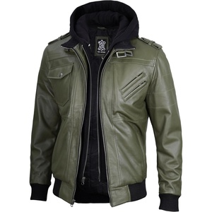image:imageDecrum Detachable Hood Real Lambskin Leather Bomber Jacket MenOlive Green