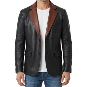 image:imageDecrum Mens 100 Lambskin Leather Blazer Jacket Notch Lapel for Formal WearBlack With Cognac Wax Collar
