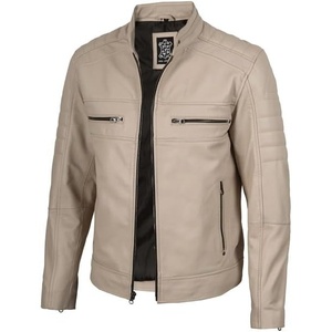 image:imageDecrum Motorcycle Style Cafe Racer Mens Leather Jacket with Zip ClosureBeige
