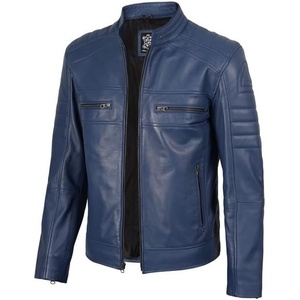 image:imageDecrum Motorcycle Style Cafe Racer Mens Leather Jacket with Zip ClosureBlue