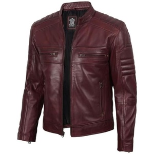 image:imageDecrum Motorcycle Style Cafe Racer Mens Leather Jacket with Zip ClosureBurgundy
