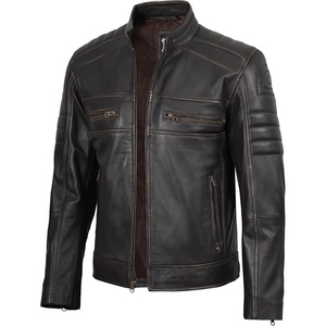 image:imageDecrum Motorcycle Style Cafe Racer Mens Leather Jacket with Zip ClosureDark Brown Ruboff