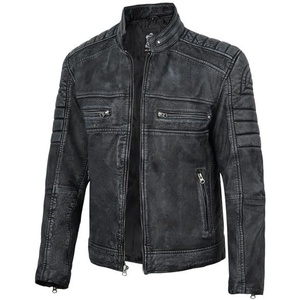 image:imageDecrum Motorcycle Style Cafe Racer Mens Leather Jacket with Zip ClosureDistressed Washed Black New