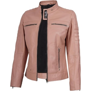 image:imageDecrum Real Lambskin Cafe Racer Leather Jackets For Women Biker StylePink