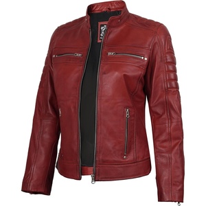 image:imageDecrum Real Lambskin Cafe Racer Leather Jackets For Women Biker StyleRed Wax