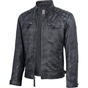image:imageDecrum Real Lambskin Cafe Racer Leather Jackets for Men Motorcycle StyleWashed Distressed Black