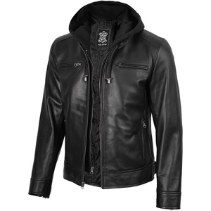 image:imageDecrum Real Lambskin Casual Leather Jacket Men with Removeable HoodDdge  Black Men Hooded Jacket