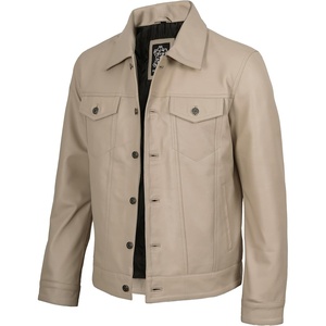 image:imageDecrum Trucker Leather Jacket Men  Vintage Style Real Lambskin Leather Jackets for Men with Button ClosureBeige