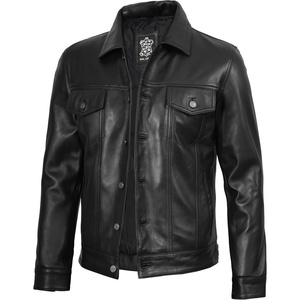 image:imageDecrum Trucker Leather Jacket Men  Vintage Style Real Lambskin Leather Jackets for Men with Button ClosureBlack