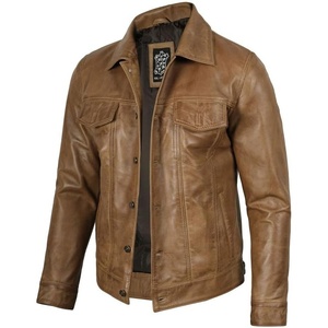 image:imageDecrum Trucker Leather Jacket Men  Vintage Style Real Lambskin Leather Jackets for Men with Button ClosureCamel