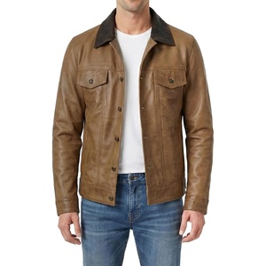 image:imageDecrum Trucker Leather Jacket Men  Vintage Style Real Lambskin Leather Jackets for Men with Button ClosureCamel With Dark Brown