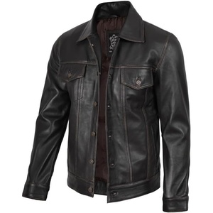 image:imageDecrum Trucker Leather Jacket Men  Vintage Style Real Lambskin Leather Jackets for Men with Button ClosureDark Brown Ruboff