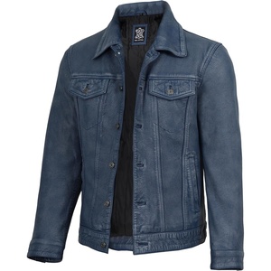 image:imageDecrum Trucker Leather Jacket Men  Vintage Style Real Lambskin Leather Jackets for Men with Button ClosureDistress Washed Blue New
