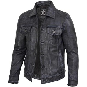image:imageDecrum Trucker Leather Jacket Men  Vintage Style Real Lambskin Leather Jackets for Men with Button ClosureDistressed Washed Black New