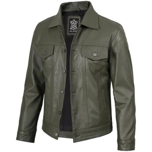 image:imageDecrum Trucker Leather Jacket Men  Vintage Style Real Lambskin Leather Jackets for Men with Button ClosureMilitary Green