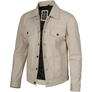 image:imageDecrum Trucker Leather Jacket Men  Vintage Style Real Lambskin Leather Jackets for Men with Button ClosureOffwhite