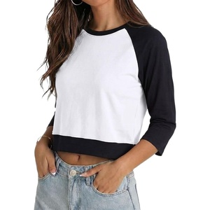 image:imageDecrum Womens Cropped Raglan Sleeve Crew Neck T ShirtsWhite and Black  Womens Cropped Raglan 34 Sleeve