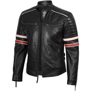 image:imageReal Lambskin Cafe Racer Leather Jacket Men Biker Style Stripes SleevesBlack
