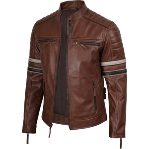 image:imageReal Lambskin Cafe Racer Leather Jacket Men Biker Style Stripes SleevesCognac Wax