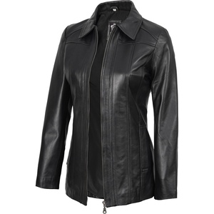 image:imageDecrum 100 Real Leather Car Coat for Women Long Jacket With Shirt CollarBlack