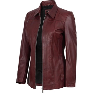 image:imageDecrum 100 Real Leather Car Coat for Women Long Jacket With Shirt CollarBurgundy