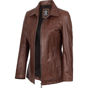 image:imageDecrum 100 Real Leather Car Coat for Women Long Jacket With Shirt CollarCognac