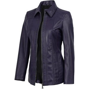 image:imageDecrum 100 Real Leather Car Coat for Women Long Jacket With Shirt CollarPurple Wax