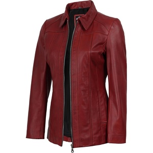 image:imageDecrum 100 Real Leather Car Coat for Women Long Jacket With Shirt CollarRed Wax