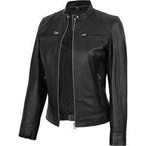 image:imageDecrum Cafe Racer Real Lambskin Motorcycle Style Leather Jacket WomenBlack Gold