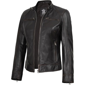 image:imageDecrum Cafe Racer Real Lambskin Motorcycle Style Leather Jacket WomenDark Brown Ruboff