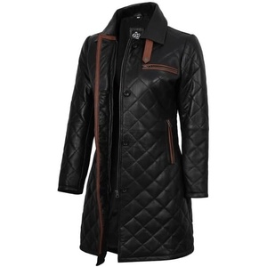 image:imageDecrum Quilted Real Lambskin Leather Car Coat 34 Length Jacket For WomenGlen Quilted  Black Leather Coat Women