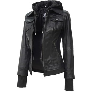 image:imageDecrum Real Lambskin Bomber Jacket Women with Detachable HoodBlack