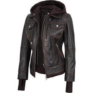 image:imageDecrum Real Lambskin Bomber Jacket Women with Detachable HoodDistressed Brown