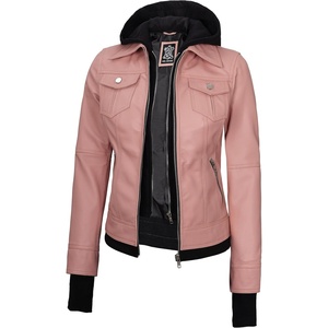 image:imageDecrum Real Lambskin Bomber Jacket Women with Detachable HoodPink
